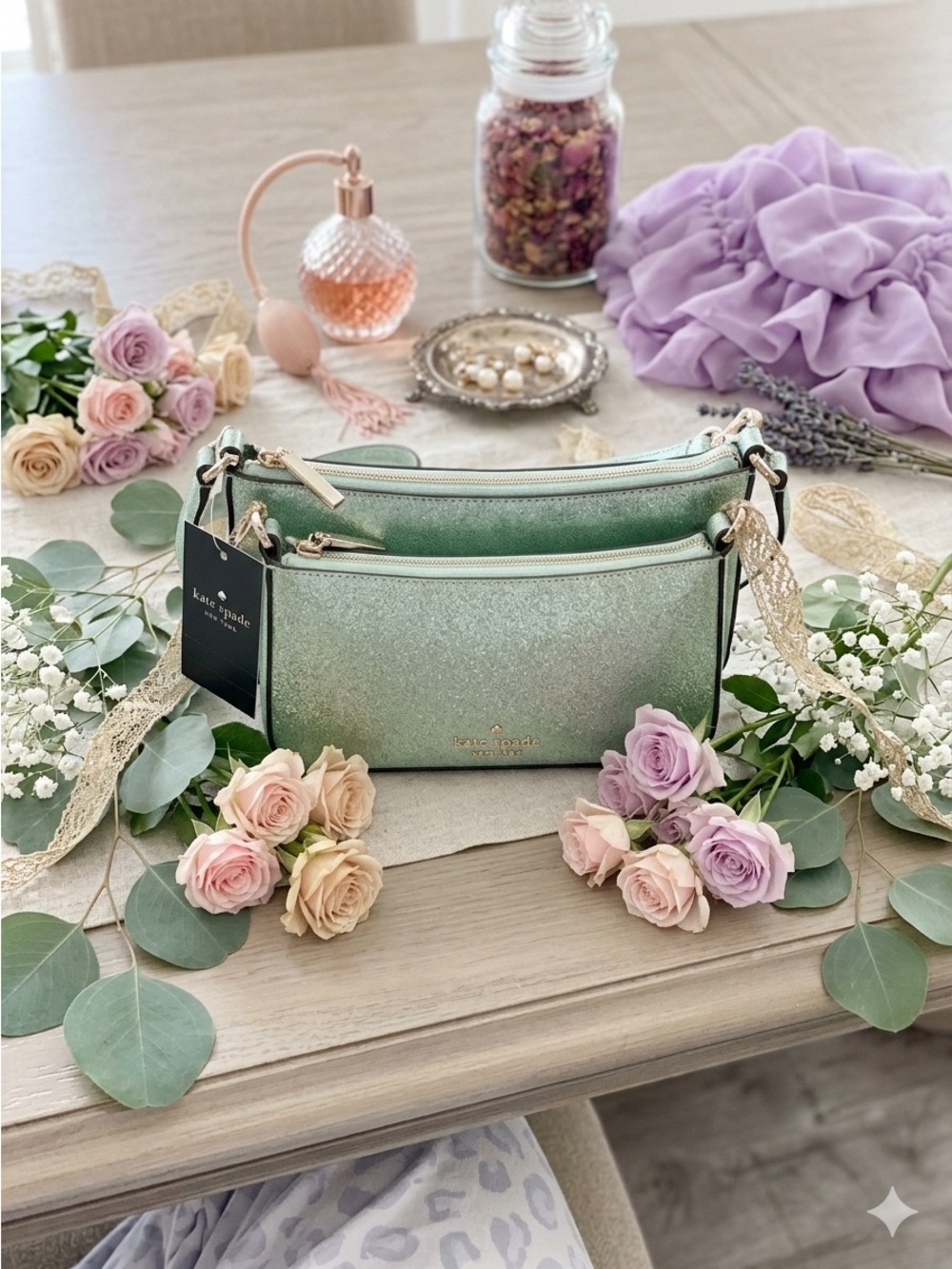 NWT Rare Kate Spade Metallic Mint Green Double Zip Mini Shoulder Bag